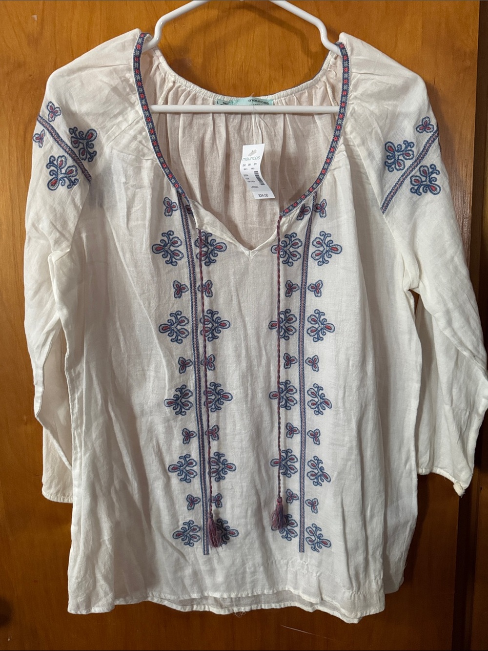 Maurices Cream Embroidered Peasant Tunic with Blue & Pink Accents